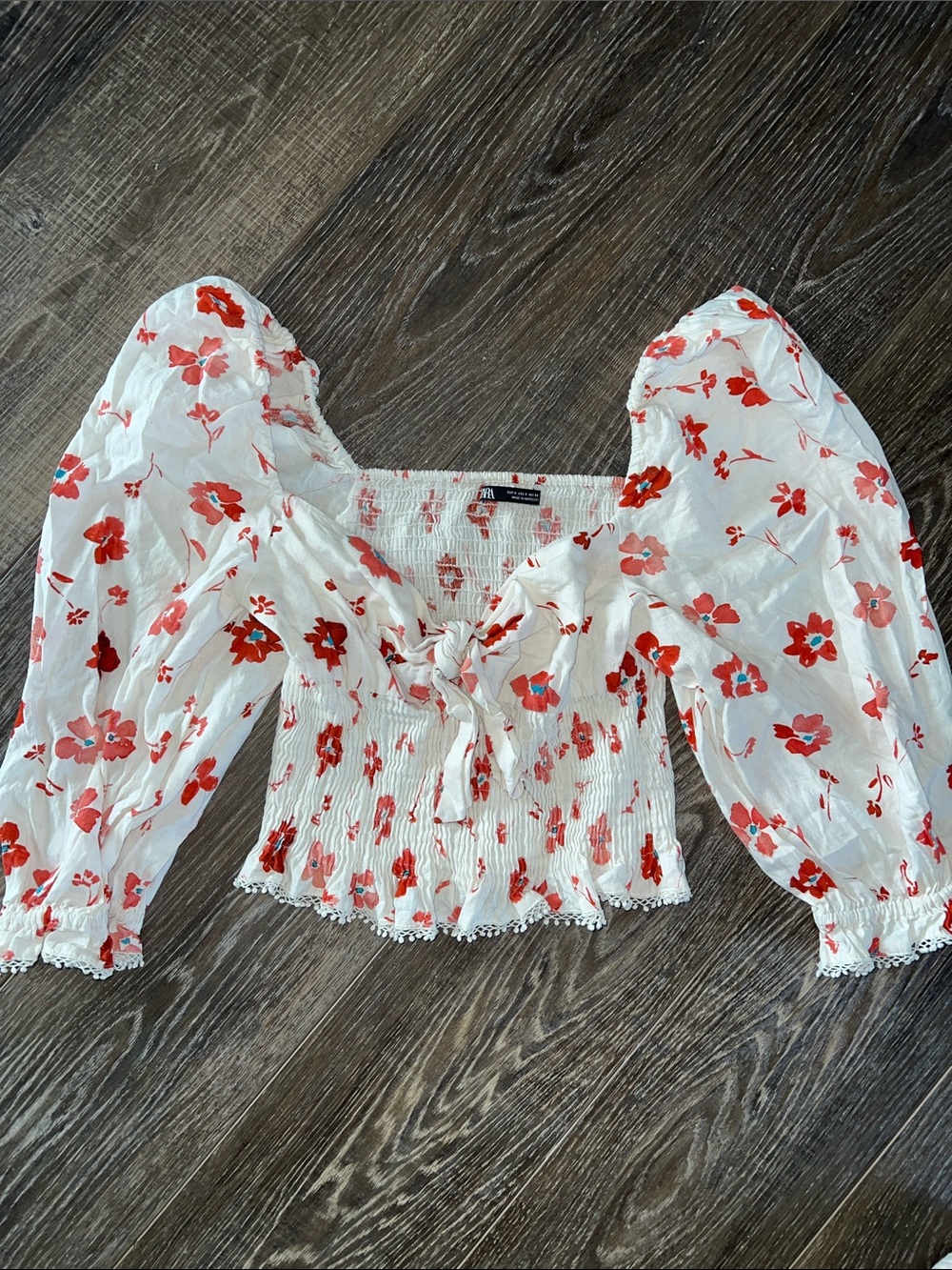 Zara White Floral Smocked Puff-Sleeve Tie-Front Top